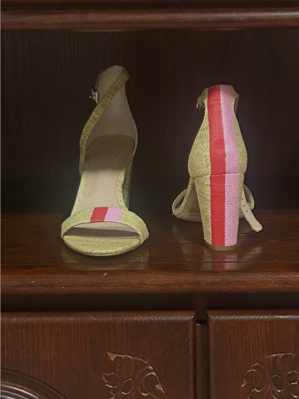 Women’s Open-Toe Ankle-Strap Sandals in Yellow with Pink & Red Stripe